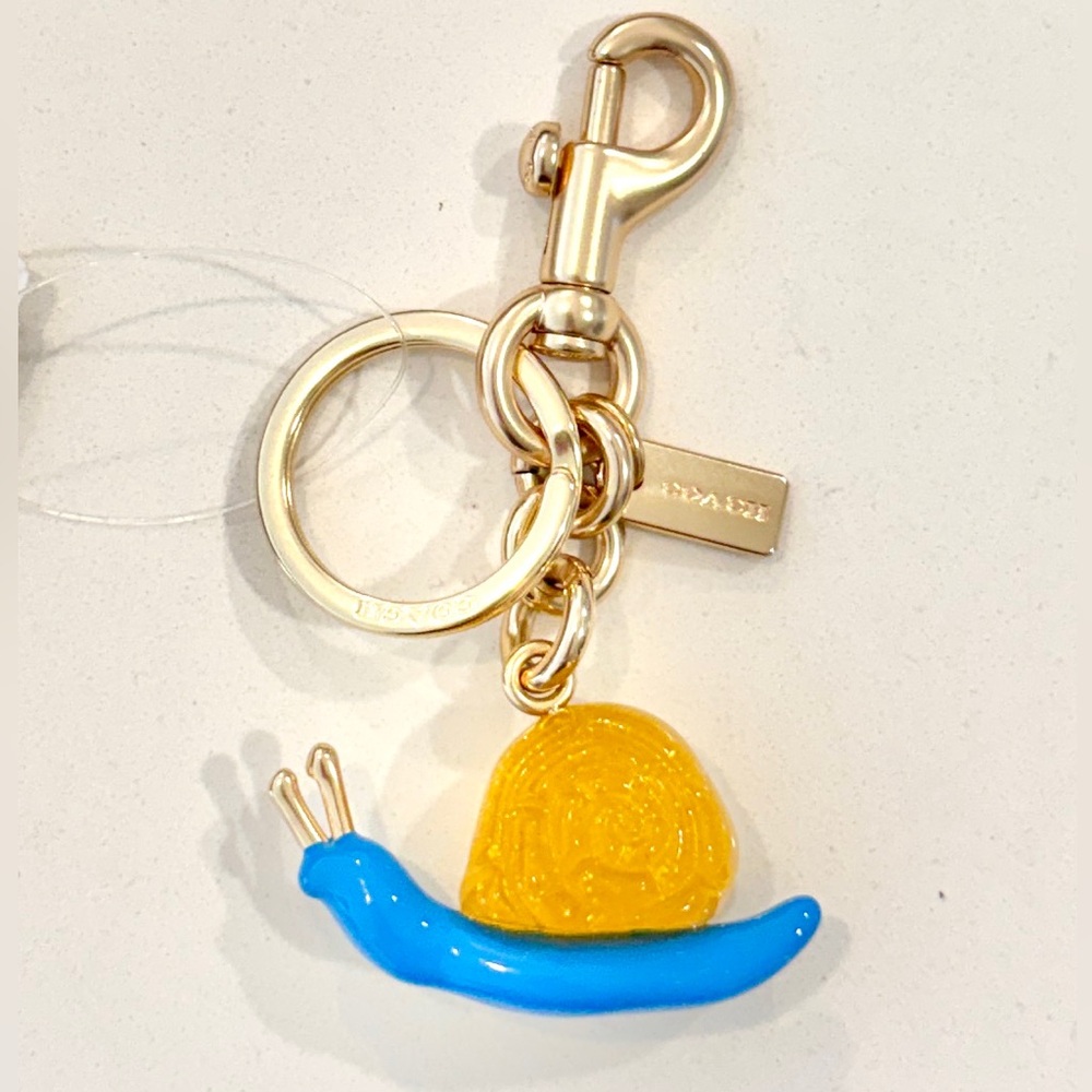 COACH Blue and Yellow Snail with gold color Keyring tag Bag Charm NWT